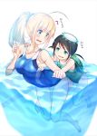  2girls amayu barefoot black_hair blonde_hair blue_eyes blue_swimsuit character_request competition_school_swimsuit competition_swimsuit copyright_request green_swimsuit highres kappa low_twintails multiple_girls one-piece_swimsuit ponytail school_swimsuit swimsuit turtle_shell twintails water 