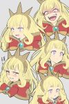  1girl :d blonde_hair blush cagliostro_(granblue_fantasy) clenched_teeth crown eating expressions food granblue_fantasy long_hair open_mouth sausage smile solo teeth translation_request violet_eyes yapo_(croquis_side) 