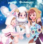  3boys abe_(kumayu) animal_hood birthday black_hair blush bouquet brown_eyes brown_hair bunny_hood choker closed_eyes fang flower happy_birthday highres himeno_kanon hood idolmaster idolmaster_side-m jewelry male_focus mofumofuen multiple_boys necklace okamura_nao open_mouth shorts smile stuffed_animal stuffed_sheep stuffed_toy tachibana_shirou violet_eyes 