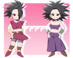  &gt;:) &gt;:| 2girls :| ? arm_at_side armband arms_at_sides bare_shoulders belt big_hair bike_shorts blush body_blush bracer breasts brown_belt brown_legwear brown_shoes caulifla chibi cleavage closed_mouth collarbone crop_top dragon_ball dragon_ball_super earrings empty_eyes eyebrows eyelashes facing_viewer floating_hair fujioka-san full_body grin groin hair_intakes hand_on_hip hands_on_hips high_ponytail highres hoop_earrings jewelry kale_(dragon_ball) legs_apart lips long_hair looking_at_viewer medium_breasts miniskirt multiple_girls navel no_pupils pants polka_dot polka_dot_background purple_pants red_shirt red_skirt shirt shoes short_sleeves shorts_under_skirt silhouette simple_background single_hair_intake skirt smile socks spiky_hair strapless teeth tubetop white_background 