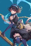  1girl alice_(sinoalice) angry belt black_legwear blue_background breasts brown_hair chains cleavage dress elbow_gloves eyelashes frills gloves glowing highres holding kisano_takumi looking_at_viewer medium_breasts pale_skin patterned_clothing puffy_short_sleeves puffy_sleeves red_eyes short_hair short_sleeves sinoalice solo thigh-highs 