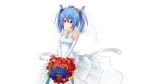  1girl absurdres bare_shoulders blue_hair bouquet collarbone dress elbow_gloves flower frills gathers gloves hair_between_eyes headgear highres holding holding_bouquet light_smile looking_at_viewer mozhe_inkian prinz_eugen_(zhan_jian_shao_nyu) red_eyes short_twintails solo strapless strapless_dress twintails two-handed wedding_dress white_background white_choker white_dress white_gloves white_sash zhan_jian_shao_nyu 