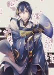  1boy abandon_ranka armor blue_eyes blue_hair cherry_blossoms eyelashes fan flower folding_fan gloves hair_between_eyes hair_ornament highres holding japanese_armor japanese_clothes long_sleeves male_focus mikazuki_munechika patterned_clothing petals short_hair simple_background smile solo touken_ranbu wide_sleeves 