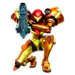  1girl 3d absurdres arm_cannon armor bright_background full_armor full_body glowing hand_on_own_arm hand_up helmet highres knee_up looking_at_viewer metroid nintendo official_art one_knee power_armor power_suit samus_aran shiny shiny_clothes shoulder_pads simple_background solo varia_suit weapon white_background 