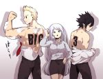  1girl 2boys amajiki_tamaki back bare_arms bare_back black_hair black_pants blonde_hair blue_eyes boku_no_hero_academia breasts closed_mouth collared_shirt flexing hadou_nejire half-closed_eyes hand_on_hip highres long_hair long_sleeves looking_at_viewer multiple_boys muscle necktie open_mouth pants pinstripe_pattern pointy_ears pose shadow shirt silver_hair simple_background skirt smile spiky_hair striped togata_mirio toned undressing very_long_hair wavy_mouth white_background 