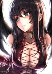  1girl bare_shoulders black_hair blue_eyes blush breasts character_request cleavage collar collarbone commentary_request copyright_request hair_between_eyes large_breasts long_hair looking_away solo tooi_aoiro wings 