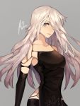  1girl android blue_eyes breasts character_name collarbone drag-on_dragoon elbow_gloves eyelashes gloves hair_over_one_eye highres long_hair looking_at_viewer mole mole_under_mouth nier_(series) nier_automata patterned_clothing pullssack sleeveless solo tank_top text white_hair yorha_type_a_no._2 