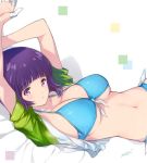  1girl arms_up bangs bikini breasts cleavage eyebrows_visible_through_hair front-tie_bikini front-tie_top large_breasts looking_at_viewer lying min-naraken navel on_back purple_hair short_hair side-tie_bikini signature simple_background solo swimsuit violet_eyes 