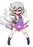  &gt;_&lt; 1girl albino bare_legs blush braid breasts closed_eyes dress french_braid full_body hajimu_orbital hand_on_hip highres jacket kishin_sagume nose_blush open_clothes open_jacket pose purple_dress short_dress silver_hair single_wing small_breasts solo touhou translated wind wind_lift wings 