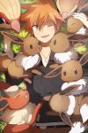  1boy :d black_shirt brown_eyes brown_pants eevee from_above hair_between_eyes heiwa_(murasiho) jewelry lying necklace on_back ookido_shigeru open_mouth orange_hair pants pokemon pokemon_(creature) shirt smile spiky_hair 