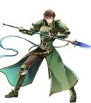  1boy arm_guards armor armored_boots boots brown_eyes brown_hair fingerless_gloves fire_emblem fire_emblem:_mystery_of_the_emblem fire_emblem_heroes full_body gloves highres holding male_focus pauldrons polearm rody_(fire_emblem) scar short_hair solo spear transparent_background weapon 