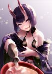 1girl alcohol blurry blush bottle breasts cup depth_of_field fangs fate/grand_order fate_(series) head_tilt horns japanese_clothes kimono koruta_(nekoimo) light_particles looking_at_viewer off_shoulder oni oni_horns open_mouth purple_hair sakazuki sake short_hair shuten_douji_(fate/grand_order) small_breasts smile solo violet_eyes 