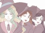  3girls barbara_(little_witch_academia) black_eyes blonde_hair brown_eyes brown_hair diana_cavendish green_eyes green_hair hanna_(little_witch_academia) hat little_witch_academia long_hair looking_at_viewer multicolored_hair multiple_girls one_eye_closed open_mouth smile tasaka_shinnosuke two-tone_hair white_background witch_hat 