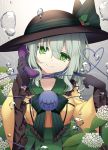  1girl adapted_costume black_gloves black_hat bow collarbone gloves green_bow green_eyes green_hair hair_between_eyes hat hat_bow heart heart_of_string holding holding_phone komeiji_koishi long_hair long_sleeves phone shikitani_asuka smile solo stitches third_eye touhou upper_body white_flower wide_sleeves 
