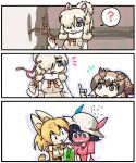  3koma 4girls :3 ? @_@ alpaca_ears alpaca_suri_(kemono_friends) animal_ears black_hair blonde_hair blush blush_stickers bow bowtie brown_hair bucket_hat chibi comic cup drinking drinking_glass drinking_straw elbow_gloves embarrassed eurasian_eagle_owl_(kemono_friends) eyebrows eyebrows_visible_through_hair flying_sweatdrops full-face_blush fur_collar gloves hair_between_eyes hair_over_one_eye hand_up hat hat_feather heart holding index_finger_raised kaban_(kemono_friends) kemono_friends long_sleeves looking_at_another multicolored_hair multiple_girls open_mouth platinum_blonde red_shirt seki_(red_shine) serval_(kemono_friends) serval_ears serval_print serval_tail shirt short_hair silent_comic sleeveless sleeveless_shirt smile spoken_question_mark striped_tail sweat sweating_profusely t-shirt tail upper_body white_hair yuri |_| 