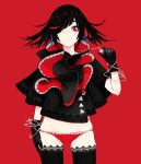  1girl black_gloves black_hair gloves groin hair_over_one_eye highres lace lace-trimmed_thighhighs looking_at_viewer original panties ram_(ramlabo) red_background red_panties short_hair skindentation solo symbol-shaped_pupils thigh-highs thighs underwear 