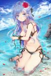  1girl bikini black_bikini blue_eyes blush breasts cleavage clouds cloudy_sky dutch_angle embarrassed flower hair_flower hair_ornament highres long_hair ocean original partially_submerged petals rose silver_hair sky solo swimsuit takitou wardrobe_malfunction 