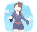  1girl blue_sky brown_hair closed_eyes clouds dress highres kagari_atsuko little_witch_academia petals ponytail self_upload sky smile solo 