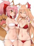  2girls animal_ears bangs bare_shoulders bikini blush bow bracelet breast_press breasts brown_hair cat_hair_ornament cat_paws choker cleavage collar commentary_request eyebrows fang fate/extra fate/extra_ccc fate/extra_ccc_fox_tail fate/grand_order fate_(series) fox_ears fox_tail hair_bow hair_ornament hand_up hips jewelry large_breasts long_hair looking_at_viewer multiple_girls navel one_eye_closed open_mouth paws pink_hair ponytail red_bikini side-tie_bikini sidelocks simple_background smile strapless strapless_bikini suzuka_gozen_(fate) swimsuit symmetrical_docking tail tamamo_(fate)_(all) tamamo_cat_(fate) waist white_background white_bikini yaman_(yamanta_lov) yellow_eyes 