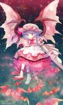  1girl amo ascot bat_wings blue_hair dress full_body hat highres lace lace-trimmed_dress mob_cap petticoat puffy_short_sleeves puffy_sleeves red_eyes remilia_scarlet short_sleeves solo touhou white_dress wings 