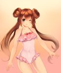  1girl brown_hair covered_navel double_bun drawfag green_eyes highres lipstick long_hair looking_at_viewer makeup mei_(pokemon) one-piece_swimsuit one_eye_closed pink_clothes pokemon pokemon_(game) pokemon_bw2 smile solo standing swimsuit twintails 