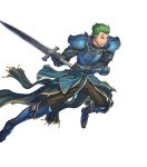  1boy arm_guards armor armored_boots blue_eyes boots fire_emblem fire_emblem:_mystery_of_the_emblem fire_emblem_heroes full_body gloves green_hair highres holding holding_sword holding_weapon looking_away male_focus official_art pants pauldrons ruke_(fire_emblem) solo sword transparent_background weapon 