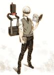  1boy alternate_costume bag blindfold book commentary grimoire_weiss holding holding_book loafers nier nier_(series) nier_automata pants plaid plaid_pants pod_(nier_automata) ribbon school_bag school_uniform shoes short_hair short_sleeves sweater_vest tasaka_shinnosuke white_hair yorha_no._9_type_s 