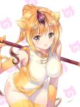  1girl animal_ears bangs blonde_hair blush bracelet breasts brown_hair elbow_gloves eyebrows_visible_through_hair gloves golden_snub-nosed_monkey_(kemono_friends) green_eyes hair_ornament holding holding_weapon japari_symbol jewelry kemono_friends leotard looking_at_viewer medium_breasts min-naraken monkey_ears monkey_tail multicolored_hair patterned_background polearm ponytail signature simple_background smile solo tail thigh-highs weapon 