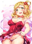  1girl bare_shoulders blonde_hair blush braid breasts cleavage crown_braid dress dress_lift floral_print flower hair_flower hair_ornament hair_rings highres jewelry joptr06 large_breasts legs_together lips long_hair looking_at_viewer love_live! love_live!_sunshine!! necklace ohara_mari open_mouth panties petals purple_panties red_dress shiny shiny_clothes shiny_hair shiny_skin smile sweat underwear yellow_eyes 