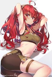  1girl ahoge armpits bike_shorts breasts eris_greyrat gradient gradient_background grey_background hong_(white_spider) leg_garter long_hair looking_at_viewer lying medium_breasts mushoku_tensei navel patreon_username red_eyes redhead signature solo thighs twintails 