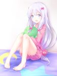  1girl :d bangs bare_legs barefoot blue_eyes blush bow eromanga_sensei eyebrows_visible_through_hair frills hair_bow indoors izumi_sagiri knees_together_feet_apart long_hair looking_at_viewer low-tied_long_hair on_bed open_mouth pajamas pink_bow pink_shorts shorts sitting smile solo stuffed_animal stuffed_octopus stuffed_toy thighs white_hair yuki_(sangeki5806) 