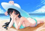  1girl ass beach bikini black_hair blue_bikini blue_eyes blue_sky blue_swimsuit blush breasts cleavage closed_mouth collarbone commentary_request eyebrows_visible_through_hair eyes_visible_through_hair full-face_blush girls_und_panzer hands_on_own_cheeks hands_on_own_face hat highres isuzu_hana large_breasts long_hair lying ocean outdoors pink_x shiny shiny_hair shiny_skin sky smile solo sun_hat swimsuit water wet 