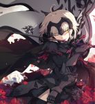 1girl ;) ahoge armor bangs black_dress black_legwear blurry depth_of_field dress eyebrows_visible_through_hair fate/grand_order fate_(series) flower gauntlets grey_hair headpiece holding holding_flag holding_sword holding_weapon jeanne_alter licking licking_weapon looking_at_viewer ogipote one_eye_closed parted_lips petals poinsettia red_flower ruler_(fate/apocrypha) smile solo standard_bearer sword thigh-highs weapon yellow_eyes 