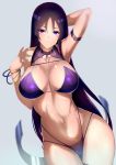  1girl arm_up armpits bikini blush bracelet breasts closed_mouth collarbone contrapposto cowboy_shot fate/grand_order fate_(series) grey_background jewelry large_breasts long_hair looking_at_viewer minamoto_no_raikou_(fate/grand_order) navel purple_bikini purple_hair saisarisu simple_background smile solo swimsuit thighs very_long_hair violet_eyes 