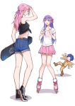  1boy 2girls blue_hair bow closed_eyes denim denim_shorts fate/stay_night fate_(series) hair_bow inline_skates jun_ling matou_sakura matou_shinji multiple_girls open_mouth pink_hair purple_hair rider roller_skates school_uniform shorts skateboard skates skirt smile 