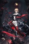  armor armored_boots armored_dress barefoot blonde_hair boots crown fate/grand_order fate_(series) frills gauntlets highres lips looking_at_viewer navel pale_skin pauldrons saber saber_alter sangrde weapon wind yellow_eyes 