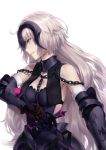  1girl absurdres ahoge armor bangs breasts chains eyebrows_visible_through_hair fate/grand_order fate_(series) faulds from_side fur_trim grey_hair headpiece highres holding holding_sword holding_weapon jeanne_alter large_breasts leon_v long_hair parted_lips profile ruler_(fate/apocrypha) solo sword upper_body vambraces very_long_hair wavy_hair weapon yellow_eyes 