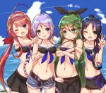  10s 4girls adapted_costume bikini black_bikini black_hair blue_hair braid facing_viewer green_eyes green_hair highres kantai_collection kawakaze_(kantai_collection) long_hair low_twintails momiji_(103) multiple_girls one_eye_closed ponytail red_eyes redhead sarong shorts silver_hair suzukaze_(kantai_collection) swimsuit twintails umikaze_(kantai_collection) yamakaze_(kantai_collection) 