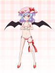  &gt;:3 1girl :3 alternate_costume bat_wings bikini blue_hair bow cato_(monocatienus) commentary_request fang_out flat_chest full_body hands_on_own_chest hat hat_bow high_heels looking_at_viewer mob_cap navel petite pink_bikini plaid plaid_background red_eyes remilia_scarlet ribbon shoes short_hair side-tie_bikini solo swimsuit thigh_ribbon touhou wavy_hair wings 