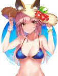  1girl animal_ears bikini bracelet breasts character_name collarbone eyebrows_visible_through_hair fate/grand_order fate_(series) flower fox_ears hat hat_flower jewelry light_smile long_hair looking_at_viewer looking_to_the_side medium_breasts pink_hair rinaka_moruchi solo straw_hat swimsuit tamamo_(fate)_(all) tamamo_no_mae_(swimsuit_lancer)_(fate) upper_body yellow_eyes 