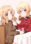  bangs blonde_hair blue_eyes braid brown_jacket can chair closed_mouth coca-cola cup darjeeling epaulettes girls_und_panzer grin hair_intakes highres holding jacket kapatarou kay_(girls_und_panzer) long_hair long_sleeves looking_at_viewer looking_back military military_uniform open_clothes open_jacket red_jacket saunders_military_uniform short_hair sitting smile soda_can st._gloriana&#039;s_military_uniform table teacup tied_hair twin_braids uniform 
