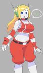  1girl antennae arm_warmers blonde_hair blue_eyes curly_brace doukutsu_monogatari fingerless_gloves gloves headset highres long_hair looking_at_viewer midriff navel noill open_mouth panties red_gloves robot robot_joints solo speech_bubble standing underwear 