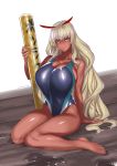  1girl bare_shoulders blonde_hair breasts cleavage collarbone dark_skin huge_breasts itou_ittousai_(sengoku_bushouki_muramasa) jack_hamster long_hair looking_at_viewer parted_lips pink_eyes sengoku_bushouki_muramasa sideboob signature sitting solo thighs translation_request very_long_hair wariza 