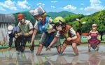  1boy 4girls :d animal_ears bangs bare_shoulders baseball_cap black_eyes black_pants blonde_hair blush breasts brown_hair building cat_ears cat_tail chanta_(ayatakaoisii) chen cleavage closed_mouth clouds collared_shirt day dress eyebrows_visible_through_hair green_hat grey_hair hat hat_ribbon highres holding large_breasts leaning_forward long_sleeves mob_cap mountain multiple_girls multiple_tails nature open_mouth outdoors pants purple_dress red_eyes red_hat red_ribbon reflection ribbon rice_planting shirt short_hair short_sleeves sidelocks skirt_hold sleeves_rolled_up smile standing sweat tabard tail touhou tree wading white_dress white_hat white_shirt yakumo_ran yakumo_yukari yellow_eyes 