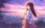  1girl blush brown_eyes brown_hair dress dusk floating_hair goto_p highres jacket long_hair long_long_love_song open_clothes open_jacket outdoors parted_lips pink_dress solo very_long_hair white_jacket 