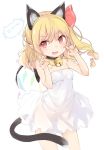  &gt;:d 1girl :d animal_ears arms_up bare_shoulders bell bell_choker blonde_hair breasts cat_ears cat_tail choker claw_pose collarbone crystal dress extra_ears eyebrows_visible_through_hair fang flandre_scarlet jingle_bell kedama_milk kemonomimi_mode lips long_hair open_mouth paw_pose pointy_ears red_eyes ribbon see-through_silhouette short_dress side_ponytail small_breasts smile solo strapless strapless_dress sundress tail thighs touhou white_dress wings 