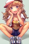  1girl blonde_hair blue_eyes blush collarbone denchu_(kazudentyu) hands_on_own_cheeks hands_on_own_face hat highres idolmaster idolmaster_cinderella_girls long_hair looking_at_viewer ootsuki_yui open_mouth shoes short_sleeves shorts sitting smile sneakers solo teeth 