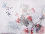 1girl animal_ears butterfly cat_ears cat_tail copyright_name detached_sleeves feathers final_fantasy final_fantasy_xiv frill_trim frills fur green_eyes hair_ornament leaf lips lipstick makeup miqo&#039;te official_art staff tail watermark white_hair white_mage 