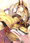  1girl bare_shoulders beads blonde_hair closed_mouth facial_mark fal_maro fate/grand_order fate_(series) floral_print highres horns ibaraki_douji_(fate/grand_order) japanese_clothes kimono long_hair long_sleeves looking_at_viewer oni_horns prayer_beads rope solo tattoo wide_sleeves yellow_eyes 