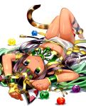  1girl :3 animal_ears anklet bangs barefoot bastet_(p&amp;d) black_hair blunt_bangs blush bracer cat_ears cat_tail dark_skin edel_(edelcat) egyptian fang_out green_eyes hair_ornament headpiece jewelry long_hair looking_at_viewer lying navel on_back orb puzzle_&amp;_dragons revision simple_background skirt solo strapless tail thigh_gap tubetop upside-down white_background white_skirt 